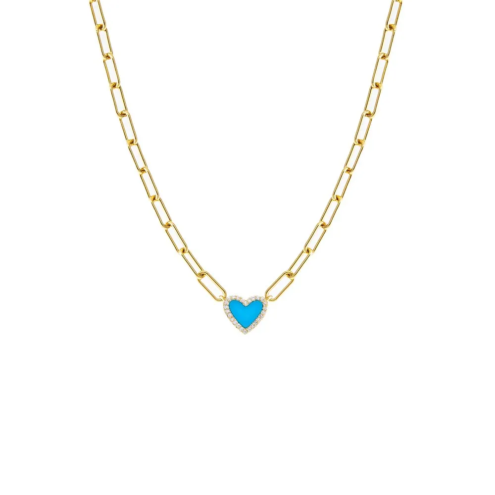 Pave Colored Stone Heart Paperclip Necklace