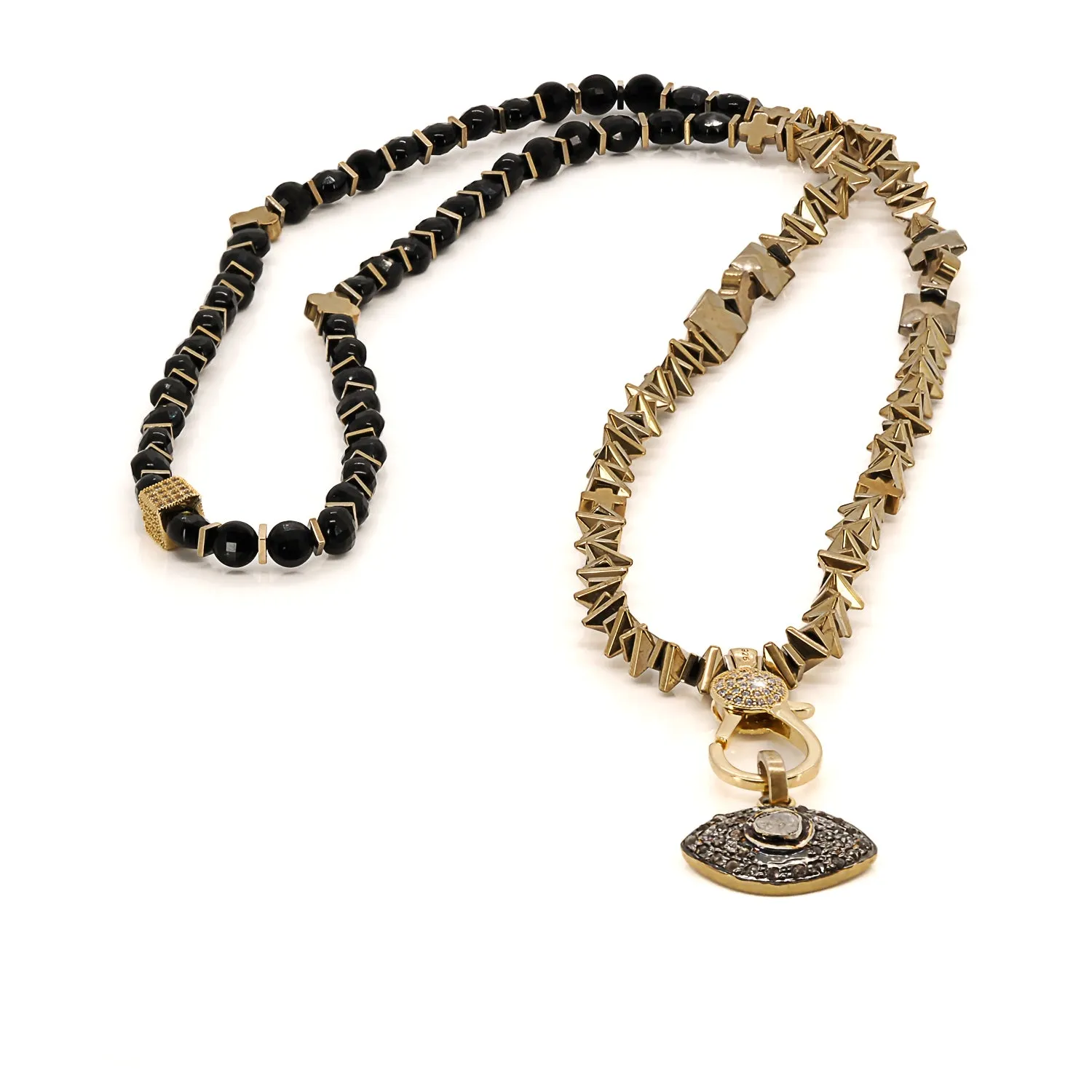 Pave Diamond Evil Eye Pendant Gold Hematite Stone Unique Beaded Necklace