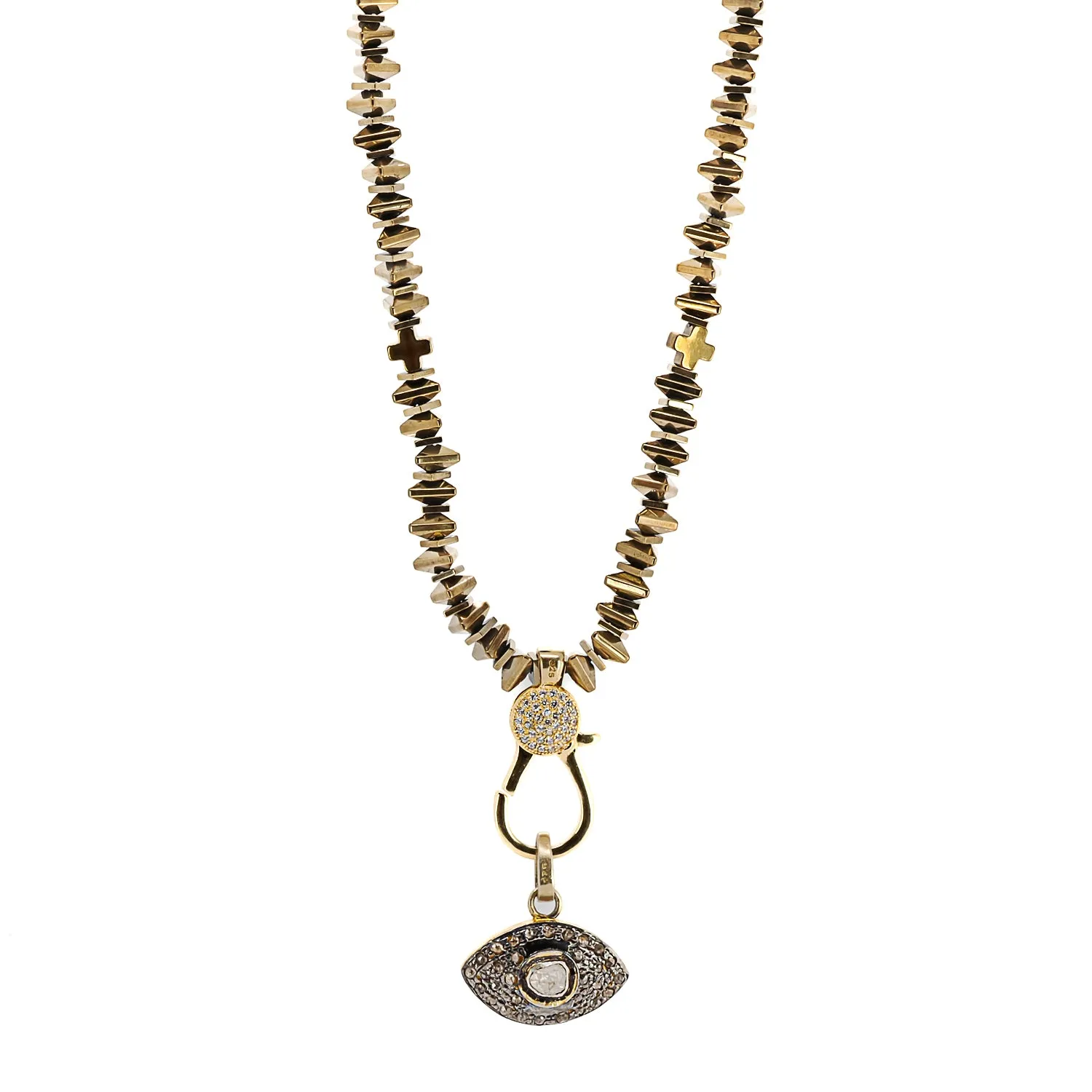 Pave Diamond Evil Eye Pendant Gold Hematite Stone Unique Beaded Necklace