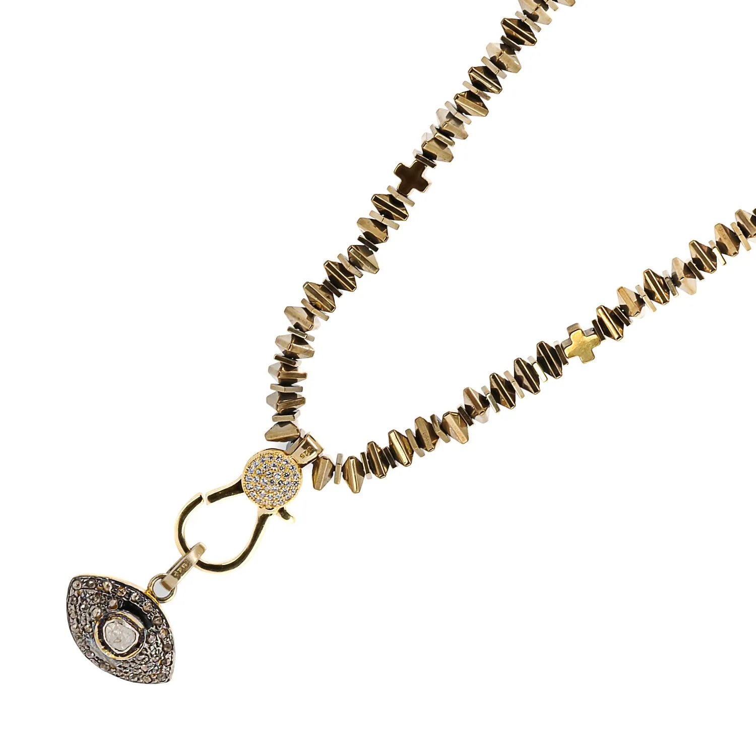 Pave Diamond Evil Eye Pendant Gold Hematite Stone Unique Beaded Necklace