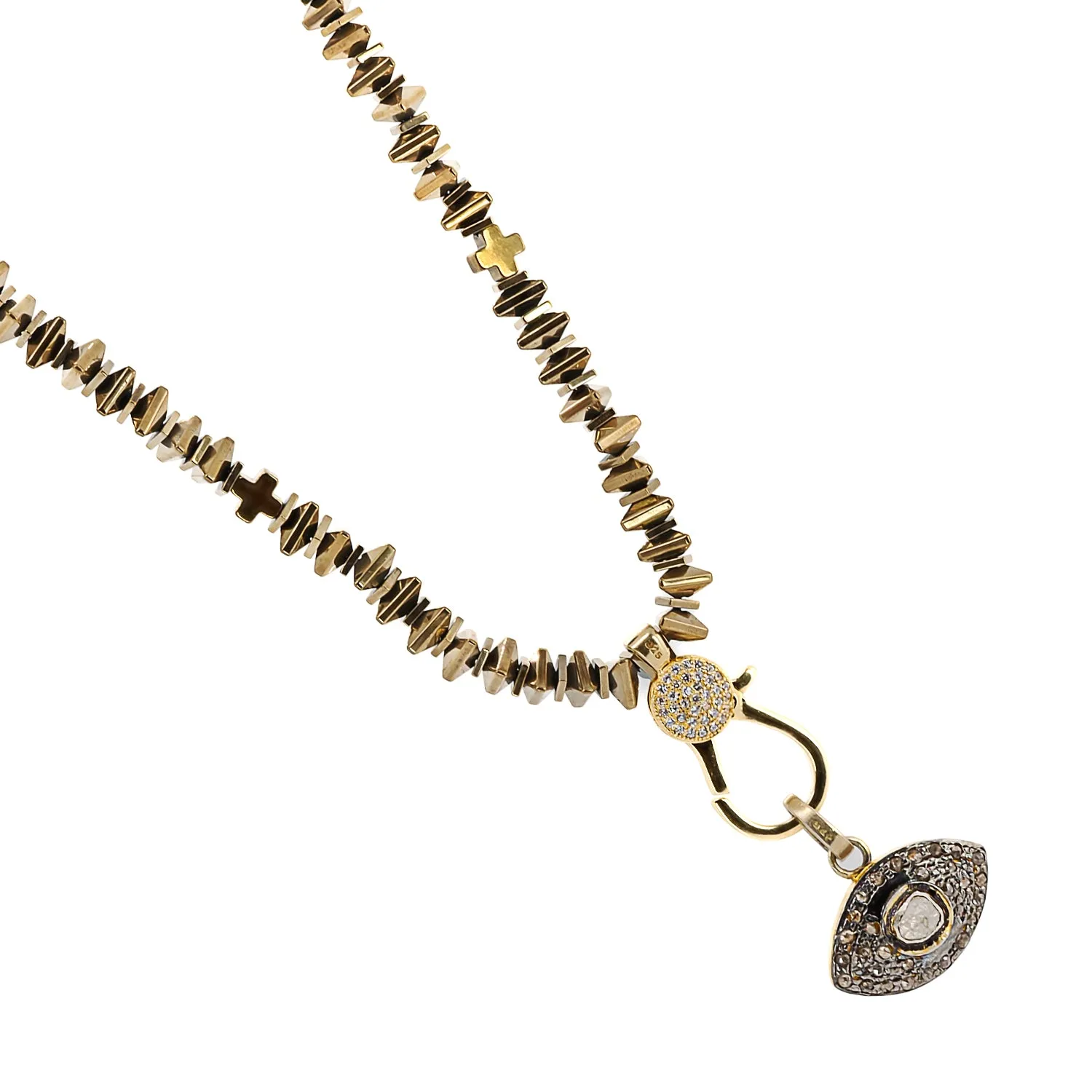 Pave Diamond Evil Eye Pendant Gold Hematite Stone Unique Beaded Necklace