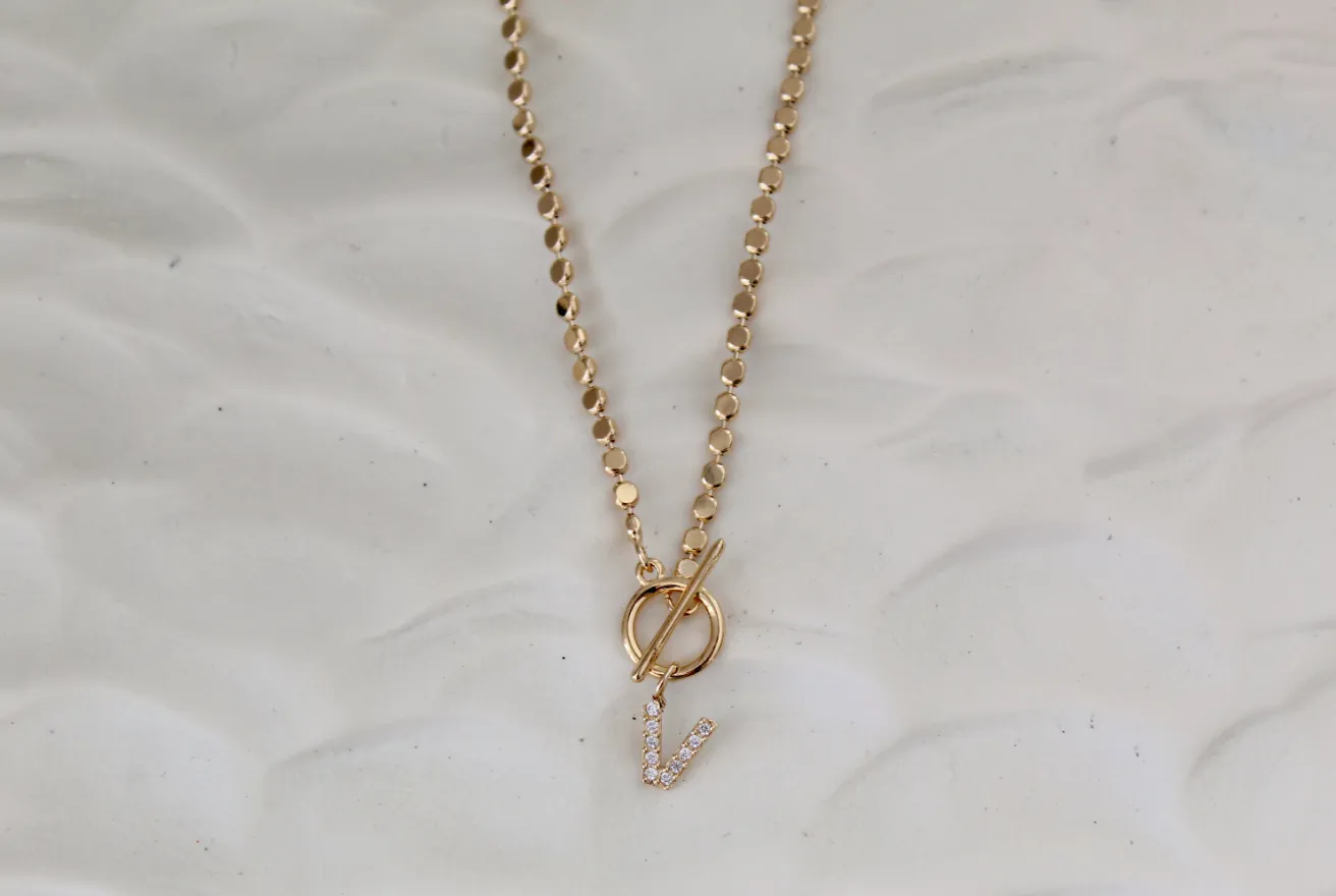 Pave Initial Pendant 3mm Disc Toggle Bar Necklace