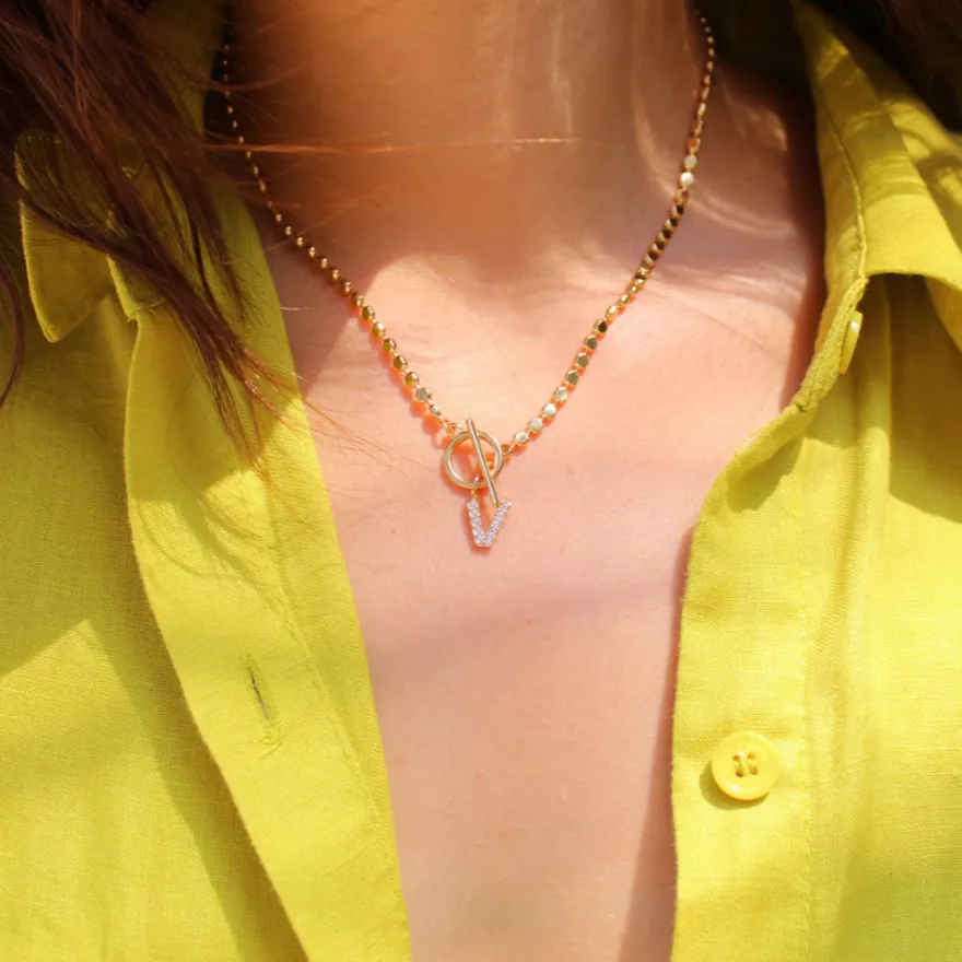 Pave Initial Pendant 3mm Disc Toggle Bar Necklace