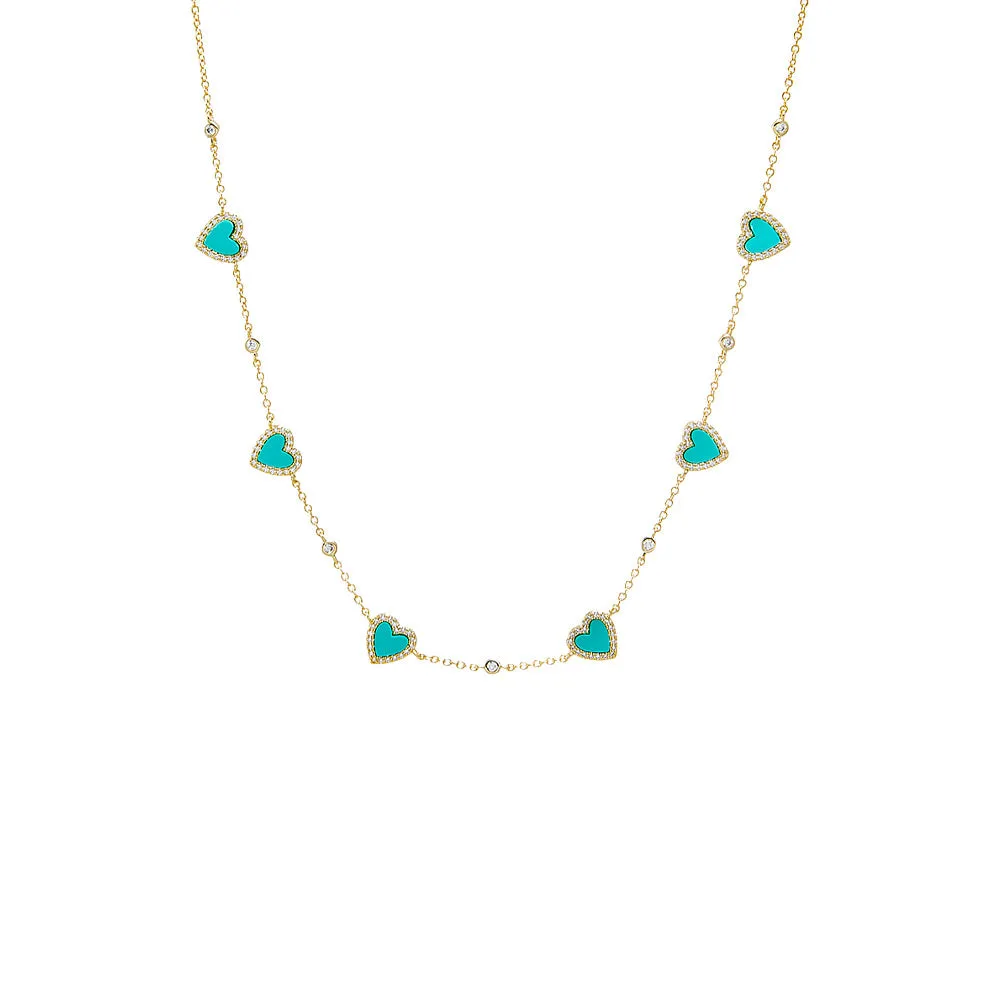 Pave Outlined Colored Stone Multi Heart Necklace