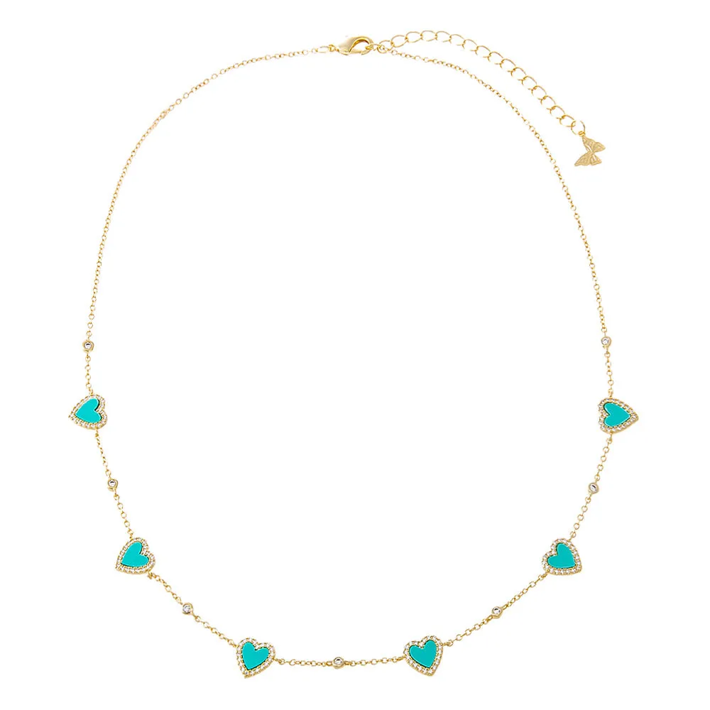 Pave Outlined Colored Stone Multi Heart Necklace