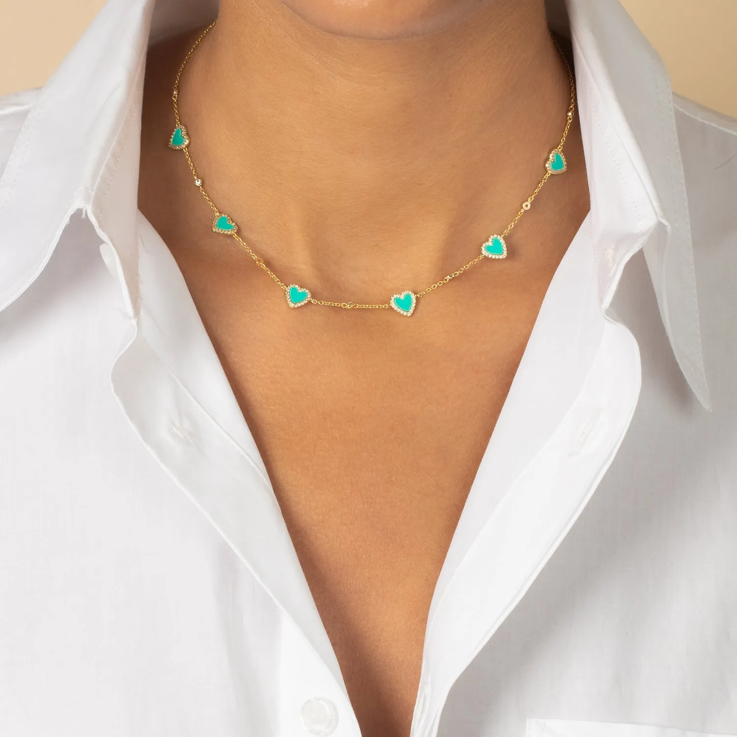 Pave Outlined Colored Stone Multi Heart Necklace