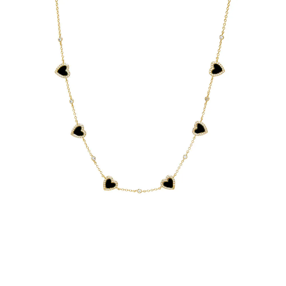 Pave Outlined Colored Stone Multi Heart Necklace