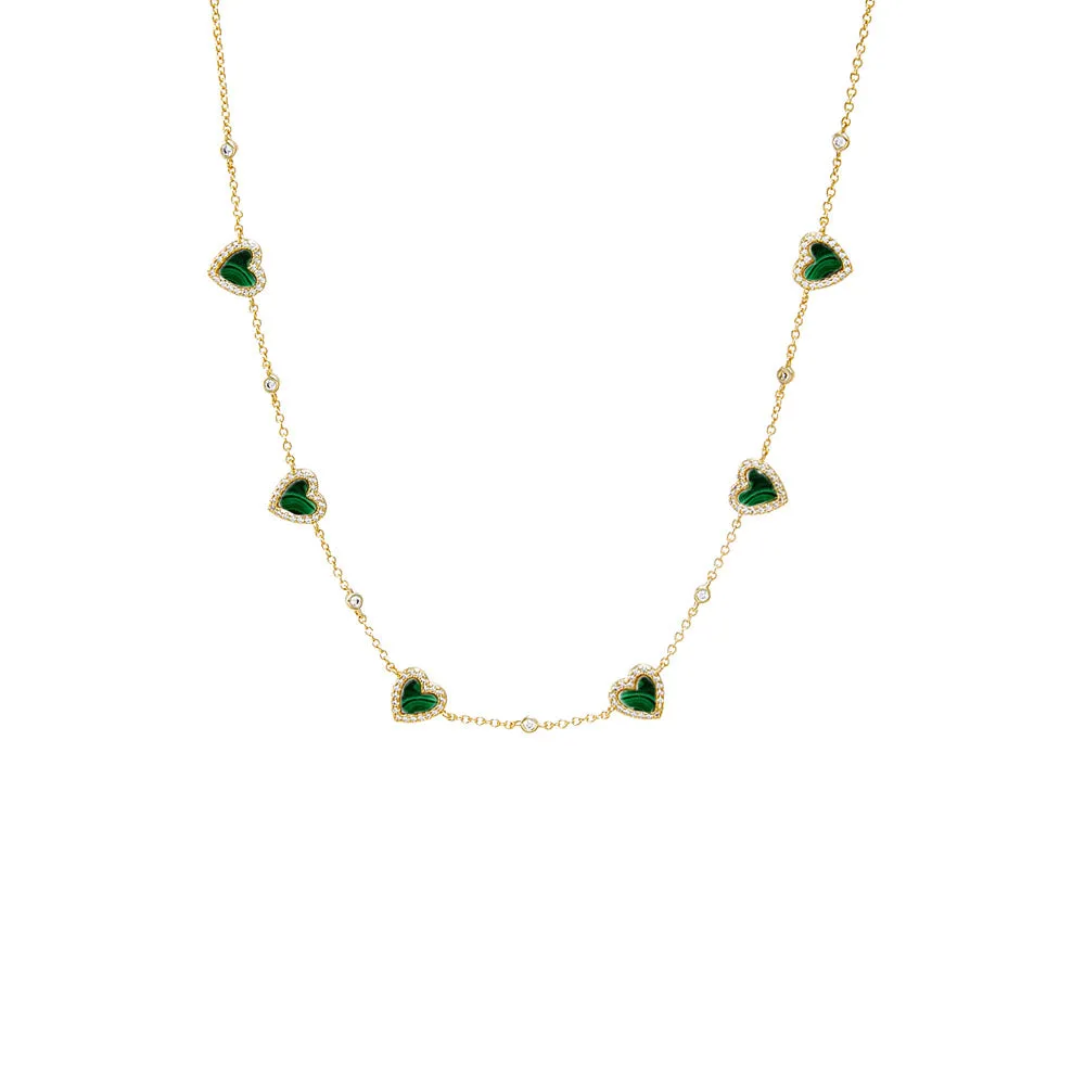 Pave Outlined Colored Stone Multi Heart Necklace