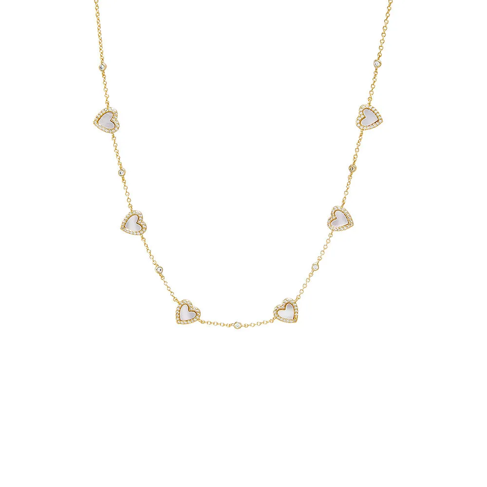 Pave Outlined Colored Stone Multi Heart Necklace