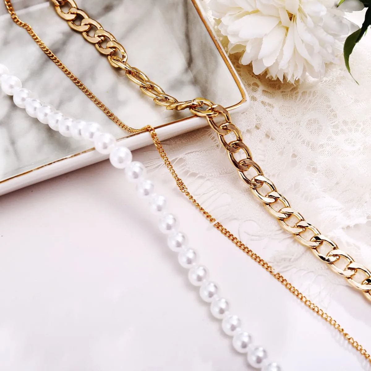 Pearl & 18K Gold-Plated Figaro Chain Layered Necklace