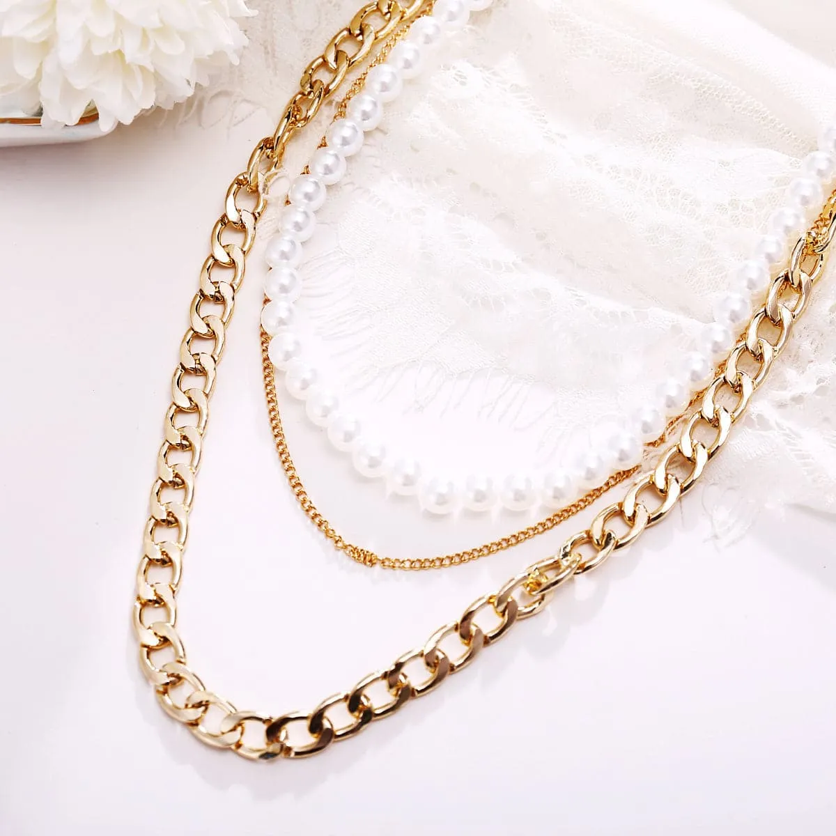 Pearl & 18K Gold-Plated Figaro Chain Layered Necklace