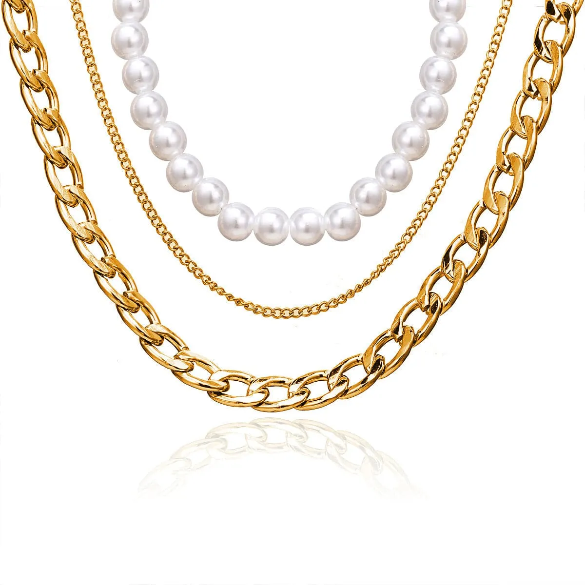 Pearl & 18K Gold-Plated Figaro Chain Layered Necklace