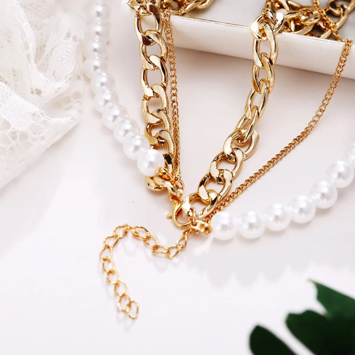 Pearl & 18K Gold-Plated Figaro Chain Layered Necklace