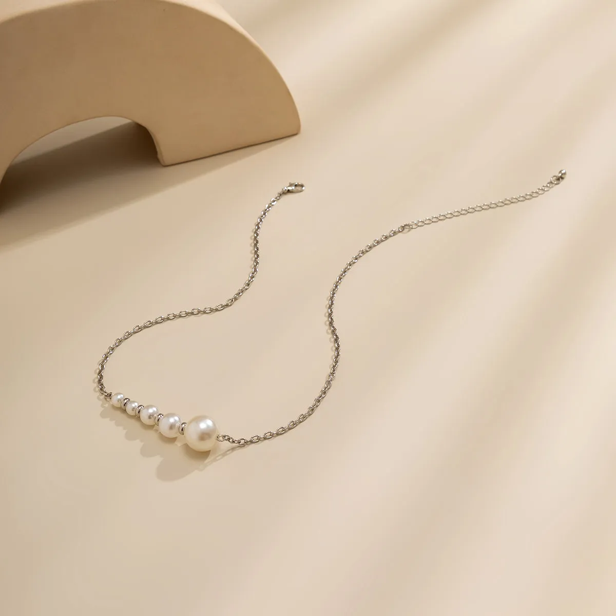 Pearl & Silver-Plated Beaded Bar Pendant Necklace