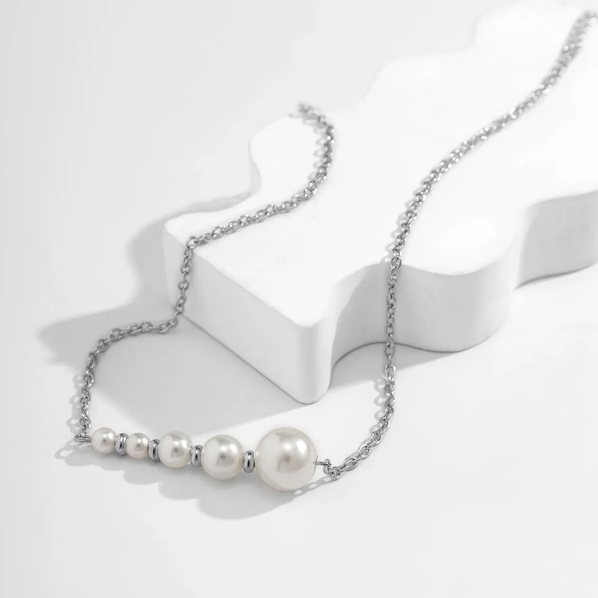 Pearl & Silver-Plated Beaded Bar Pendant Necklace