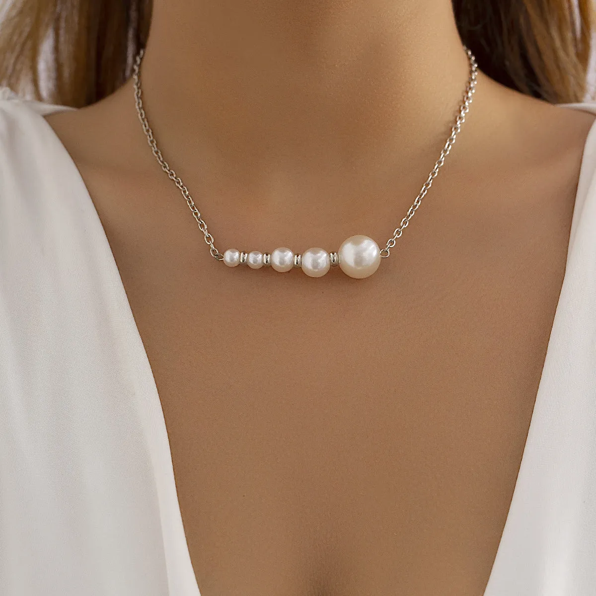 Pearl & Silver-Plated Beaded Bar Pendant Necklace