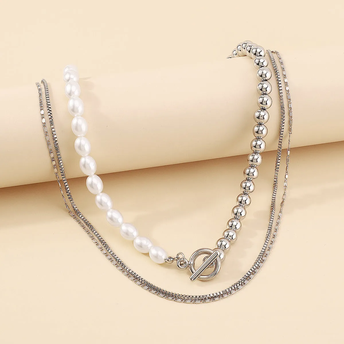 Pearl & Silver-Plated Layered Toggle Necklace