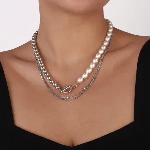 Pearl & Silver-Plated Layered Toggle Necklace
