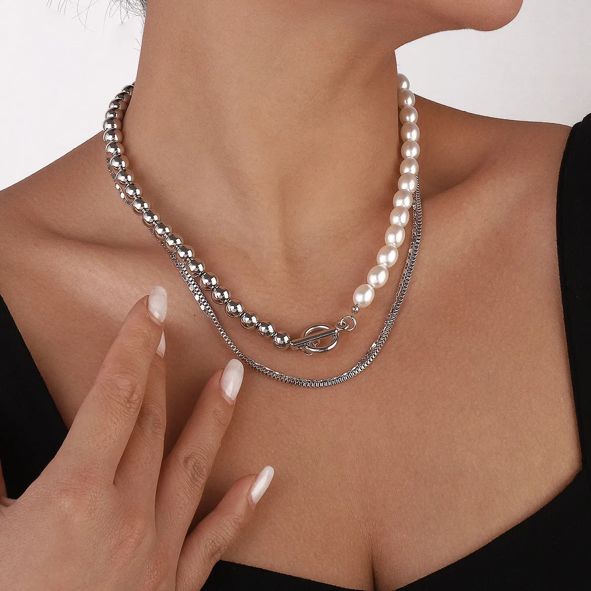 Pearl & Silver-Plated Layered Toggle Necklace