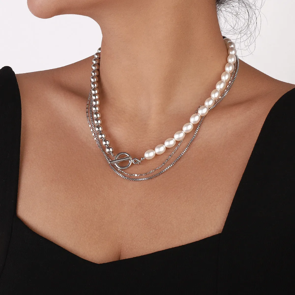 Pearl & Silver-Plated Layered Toggle Necklace