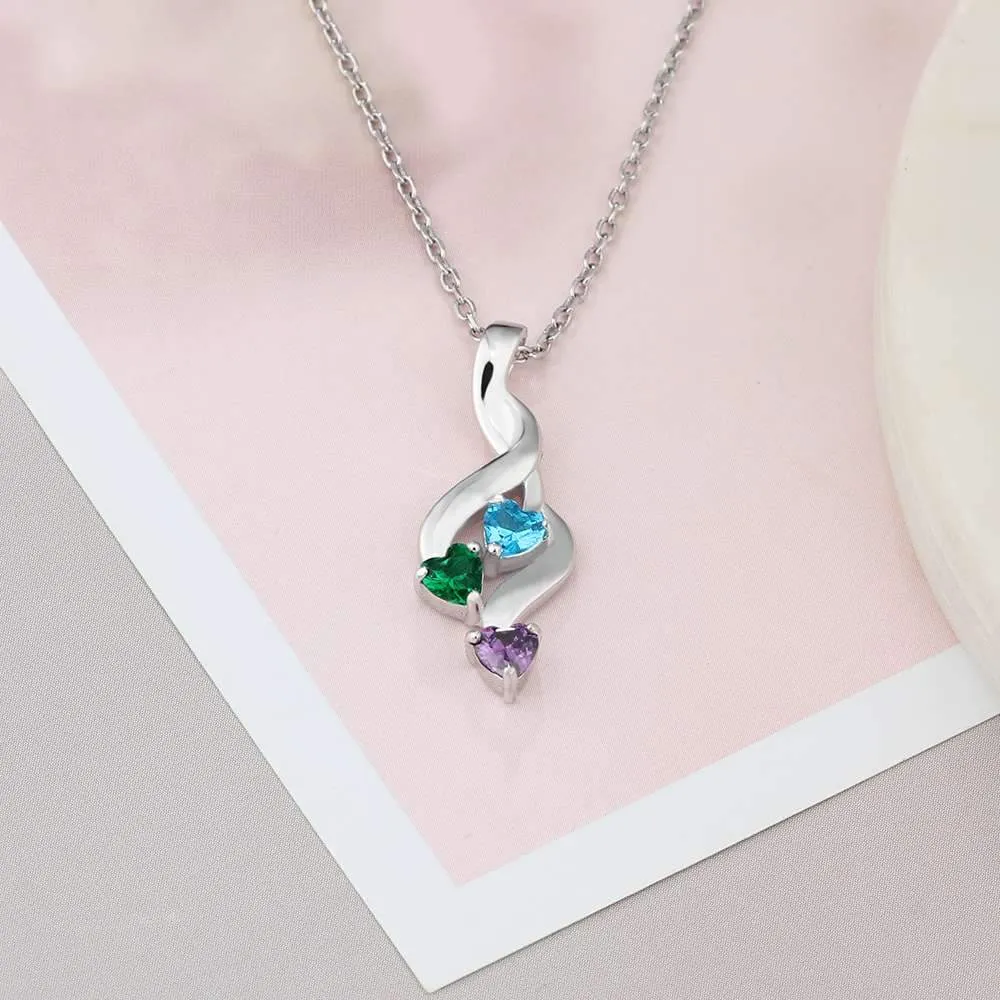 Personalized 3 Heart Birthstone Engrave Name Pendant Necklace