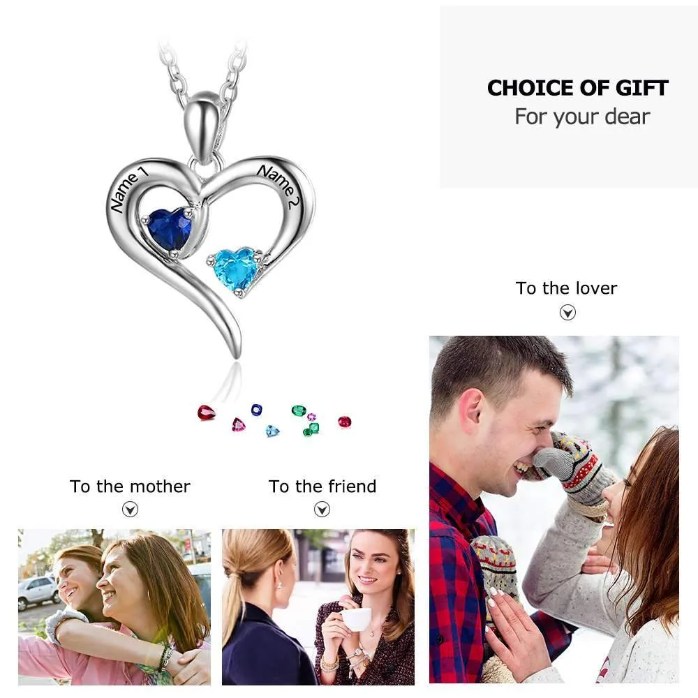 Personalized 925 Sterling Silver 2 Birthstone Necklace Pendants Engraved Heart BirthStones Jewelry Mom Gift
