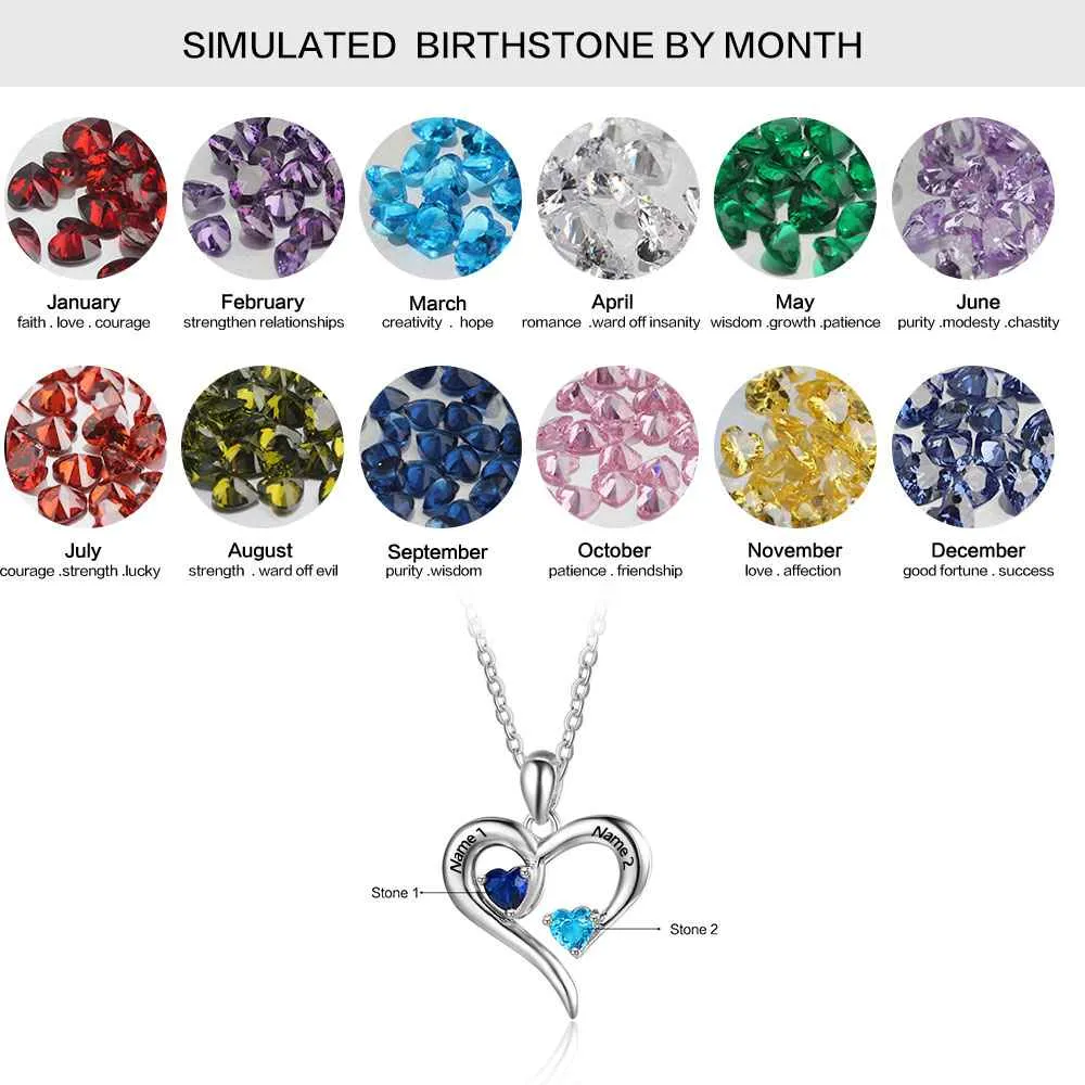 Personalized 925 Sterling Silver 2 Birthstone Necklace Pendants Engraved Heart BirthStones Jewelry Mom Gift