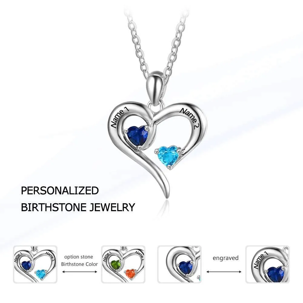 Personalized 925 Sterling Silver 2 Birthstone Necklace Pendants Engraved Heart BirthStones Jewelry Mom Gift