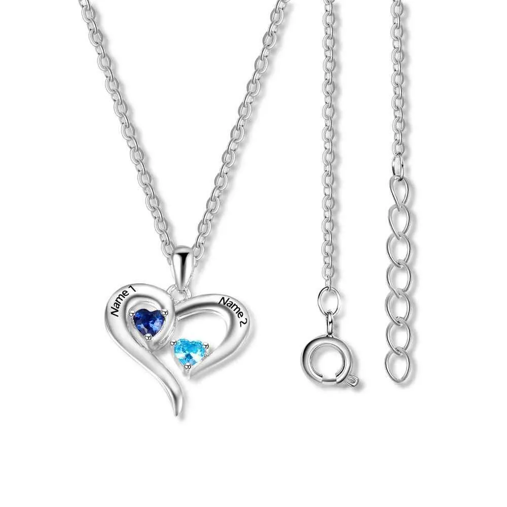 Personalized 925 Sterling Silver 2 Birthstone Necklace Pendants Engraved Heart BirthStones Jewelry Mom Gift