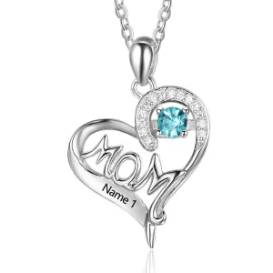 Personalized 925 Sterling Silver Birthstone Necklace with Mom Shape Love and Heart Jewelry Best Gift for Mom