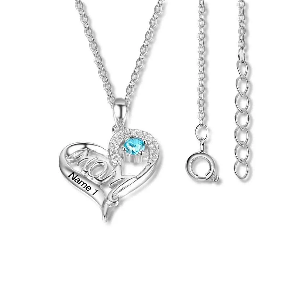 Personalized 925 Sterling Silver Birthstone Necklace with Mom Shape Love and Heart Jewelry Best Gift for Mom