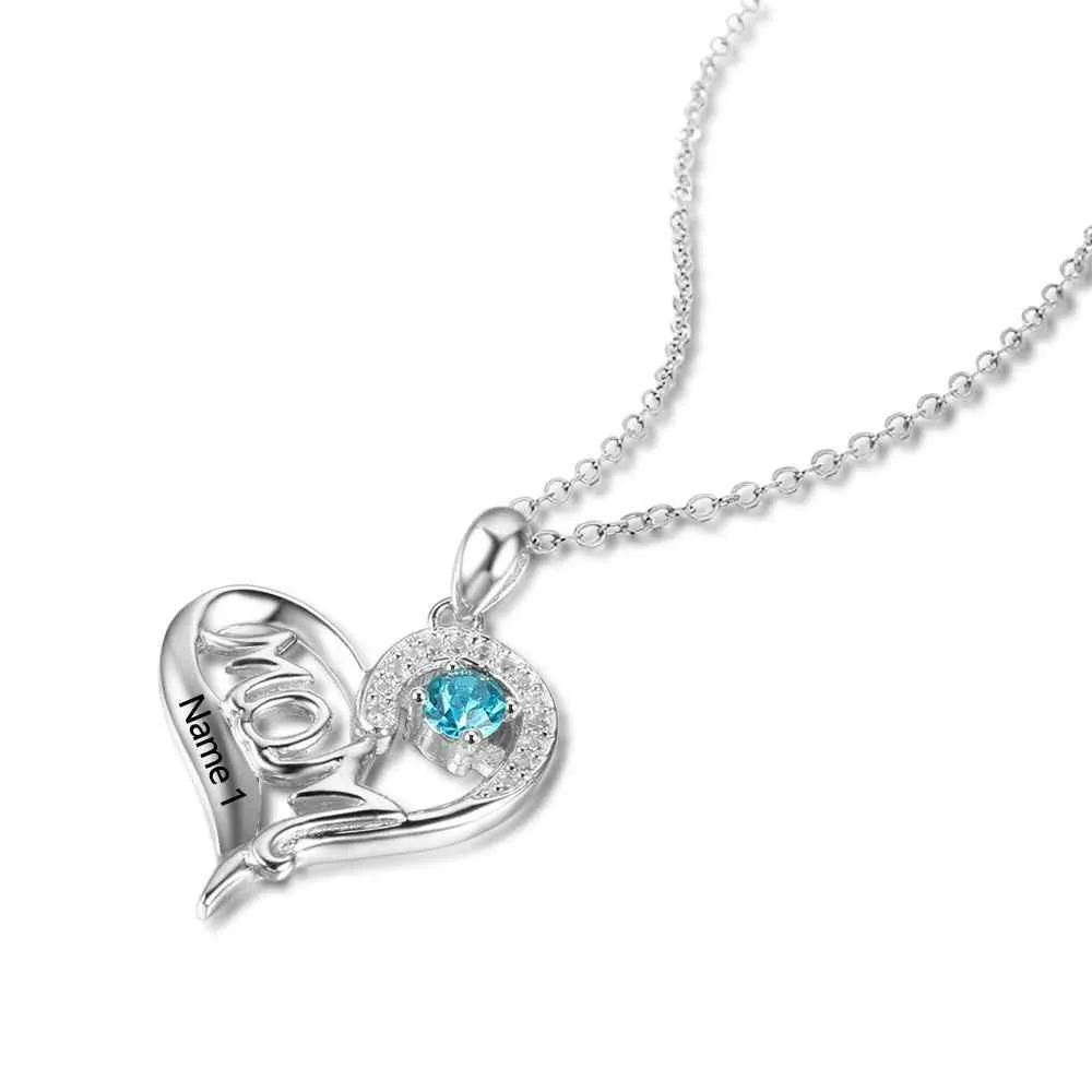Personalized 925 Sterling Silver Birthstone Necklace with Mom Shape Love and Heart Jewelry Best Gift for Mom