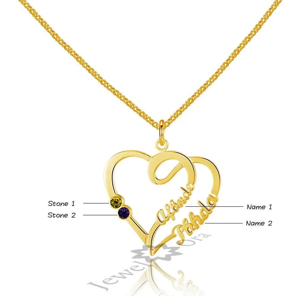 Personalized 925 Sterling Silver Double Heart Pendant Necklace, Engrave 2 Custom Names & Birthstone Necklace, Gift Jewelry for Friends & Family
