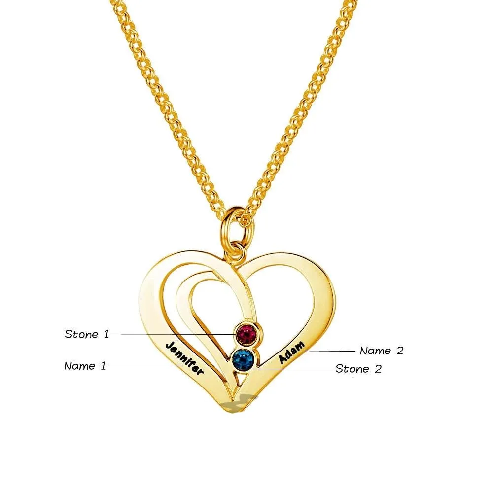Personalized 925 Sterling Silver Heart Necklace, 2 Name & 2 Birthstone Engraved Heart Pendant, Jewelry Gift for Women