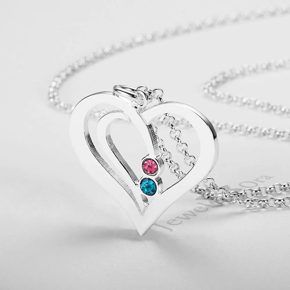 Personalized 925 Sterling Silver Heart Necklace, 2 Name & 2 Birthstone Engraved Heart Pendant, Jewelry Gift for Women