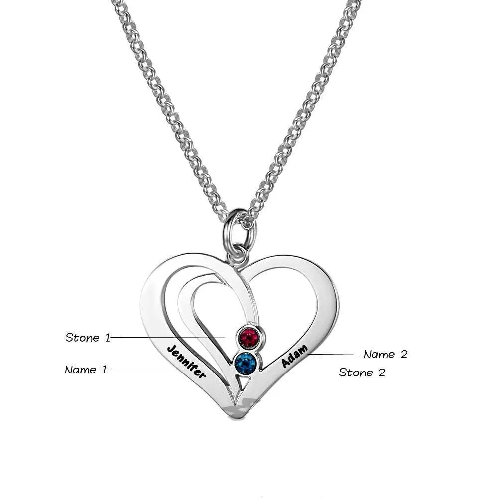 Personalized 925 Sterling Silver Heart Necklace, 2 Name & 2 Birthstone Engraved Heart Pendant, Jewelry Gift for Women