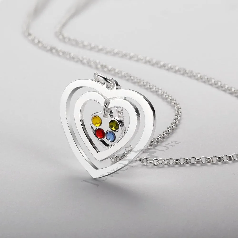 Personalized 925 Sterling Silver Hollow Heart Necklace, Four Name & Four Birthstone Engraved Heart Pendant, Jewelry Gift for Her