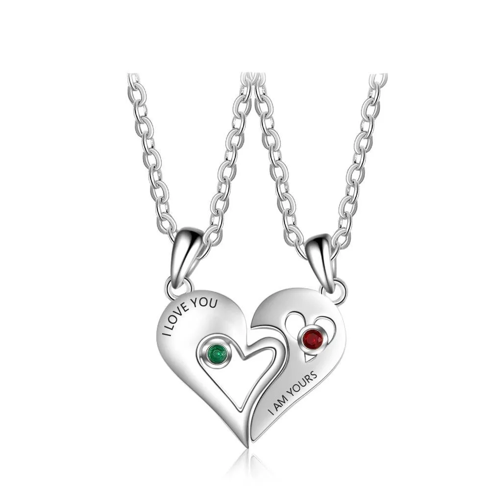 Personalized 925 Sterling Silver Necklace with 2Pcs/Set Merge Heart Shape Name & Birthstones Pendant, Trendy Lovers’ Jewelry