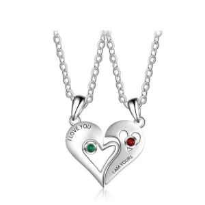 Personalized 925 Sterling Silver Necklace with 2Pcs/Set Merge Heart Shape Name & Birthstones Pendant, Trendy Lovers’ Jewelry