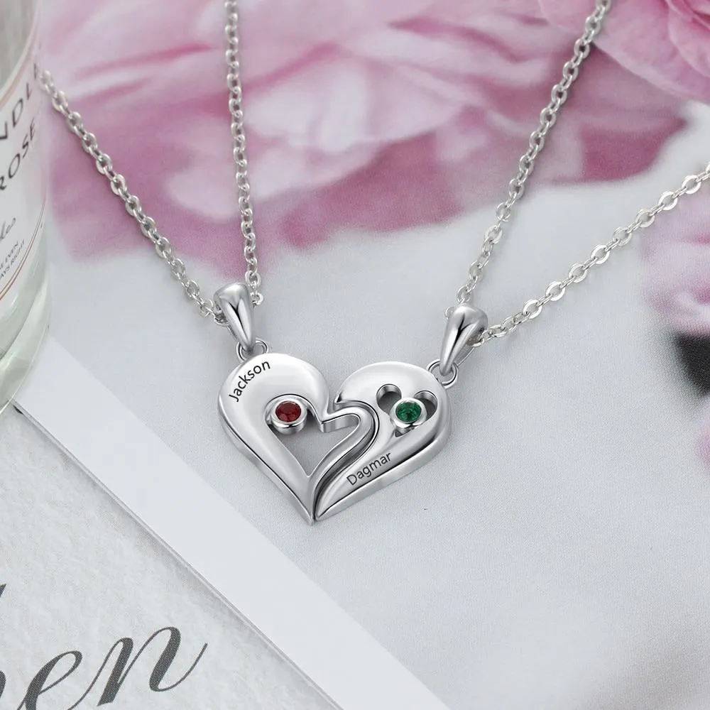 Personalized 925 Sterling Silver Necklace with 2Pcs/Set Merge Heart Shape Name & Birthstones Pendant, Trendy Lovers’ Jewelry