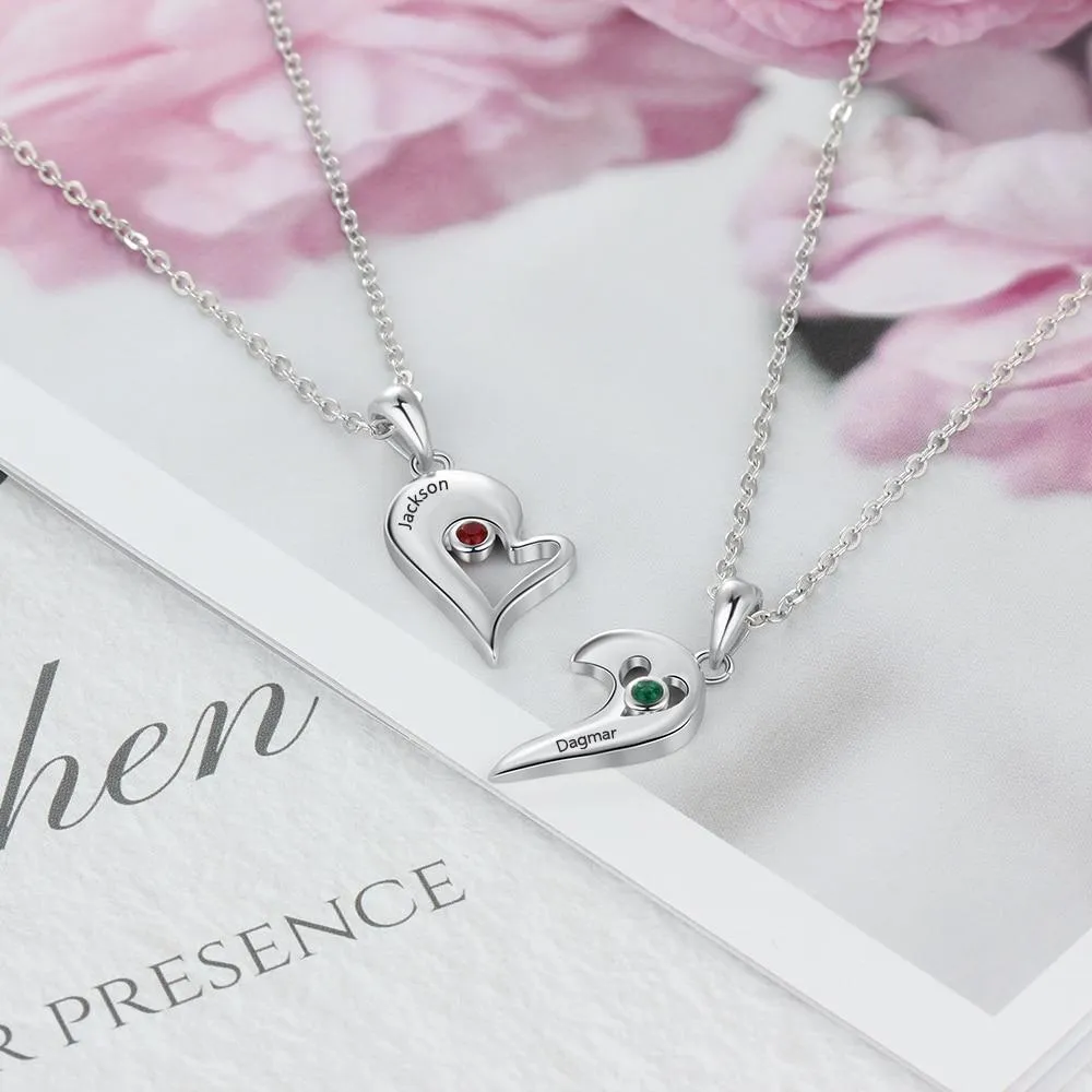 Personalized 925 Sterling Silver Necklace with 2Pcs/Set Merge Heart Shape Name & Birthstones Pendant, Trendy Lovers’ Jewelry