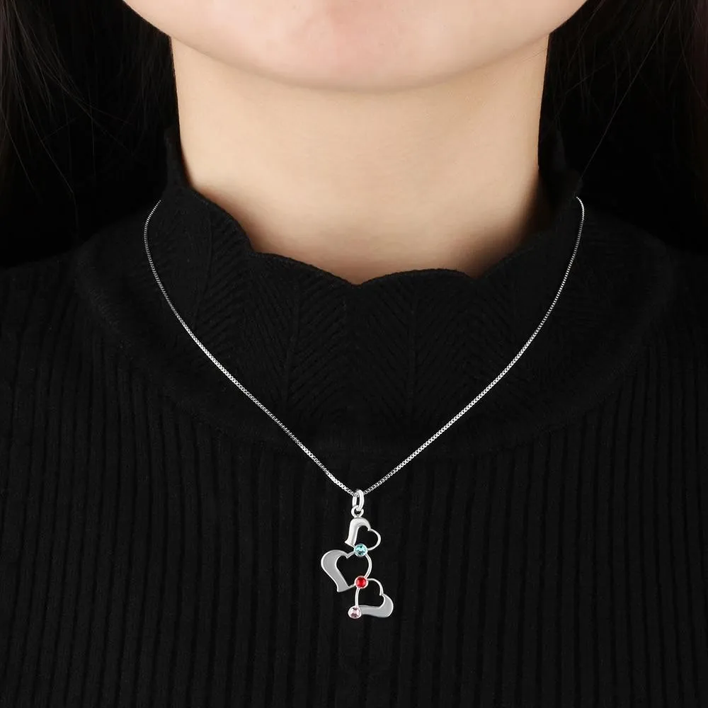 Personalized 925 Sterling Silver Necklace with 3 Hollow Heart Design, Custom Birthstone & Name Engraved Pendant