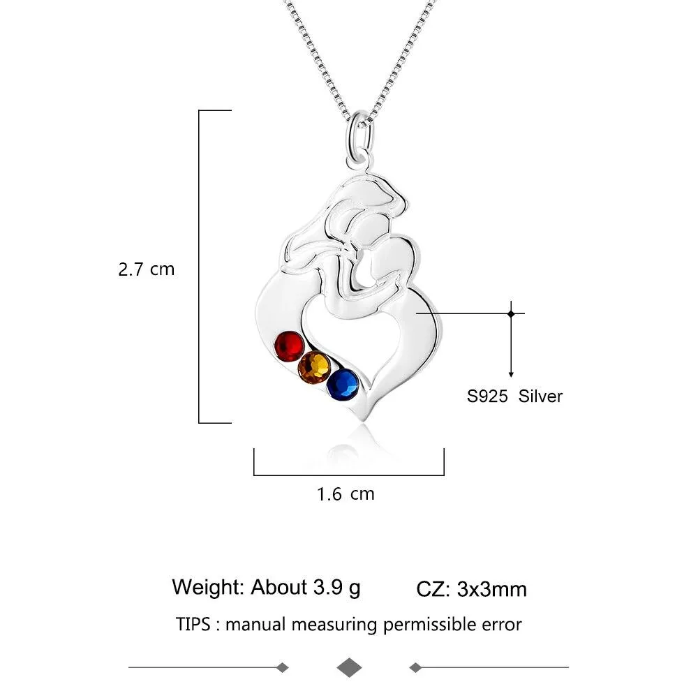 Personalized 925 Sterling Silver Necklace with Mother & Child Heart Shaped Pendant, Add 3 Birthstones, Fashion Jewelry