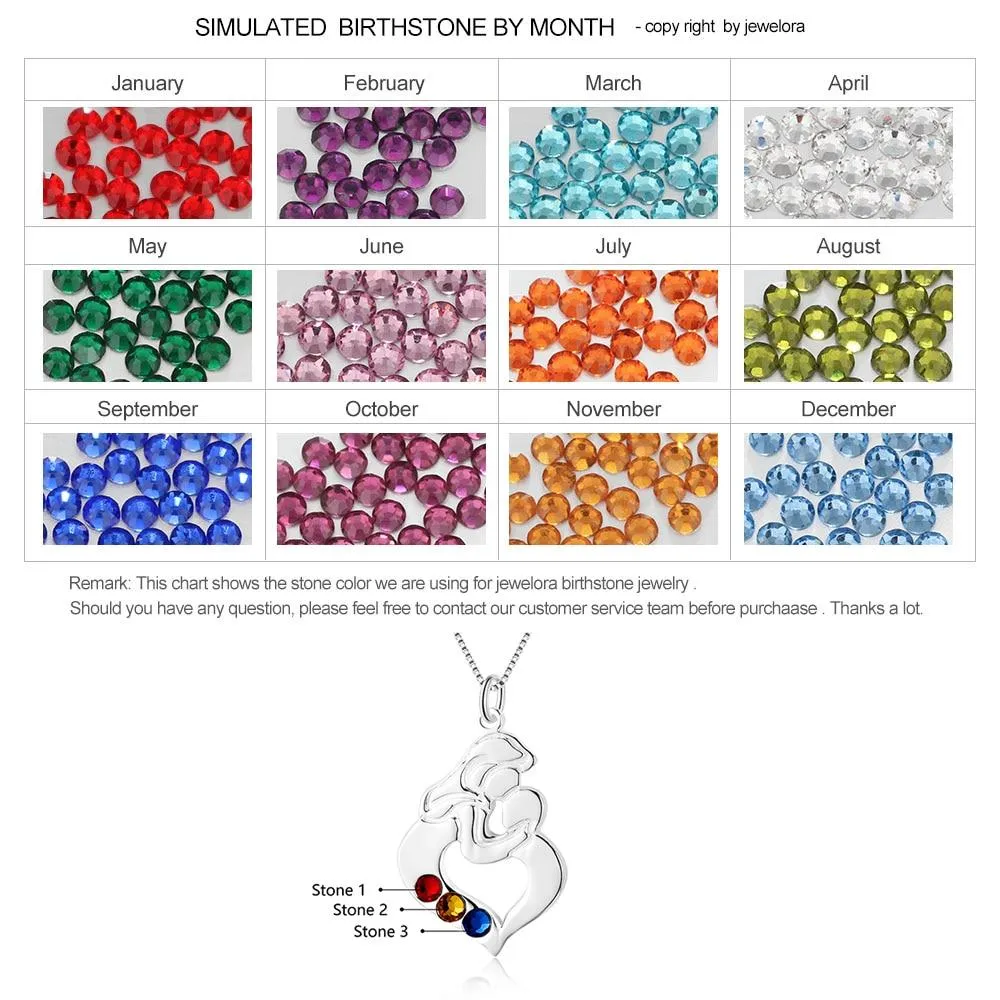 Personalized 925 Sterling Silver Necklace with Mother & Child Heart Shaped Pendant, Add 3 Birthstones, Fashion Jewelry
