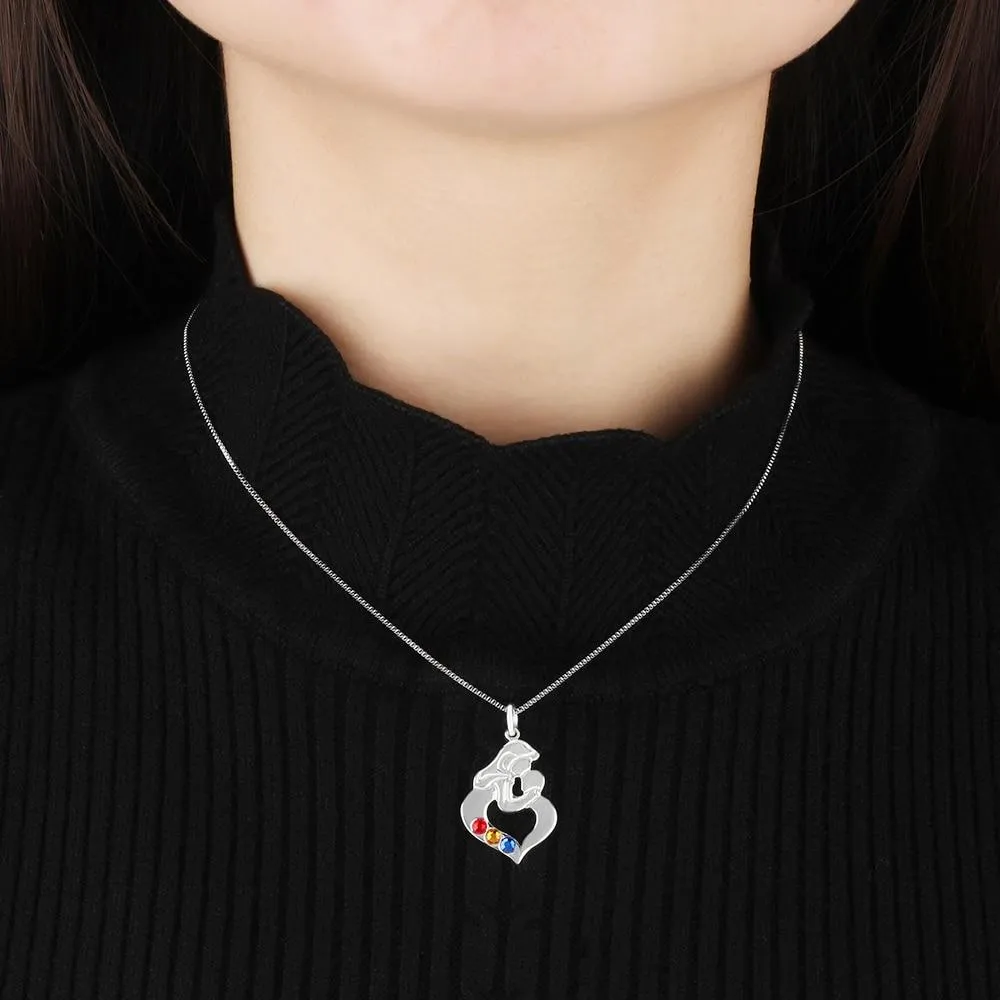 Personalized 925 Sterling Silver Necklace with Mother & Child Heart Shaped Pendant, Add 3 Birthstones, Fashion Jewelry