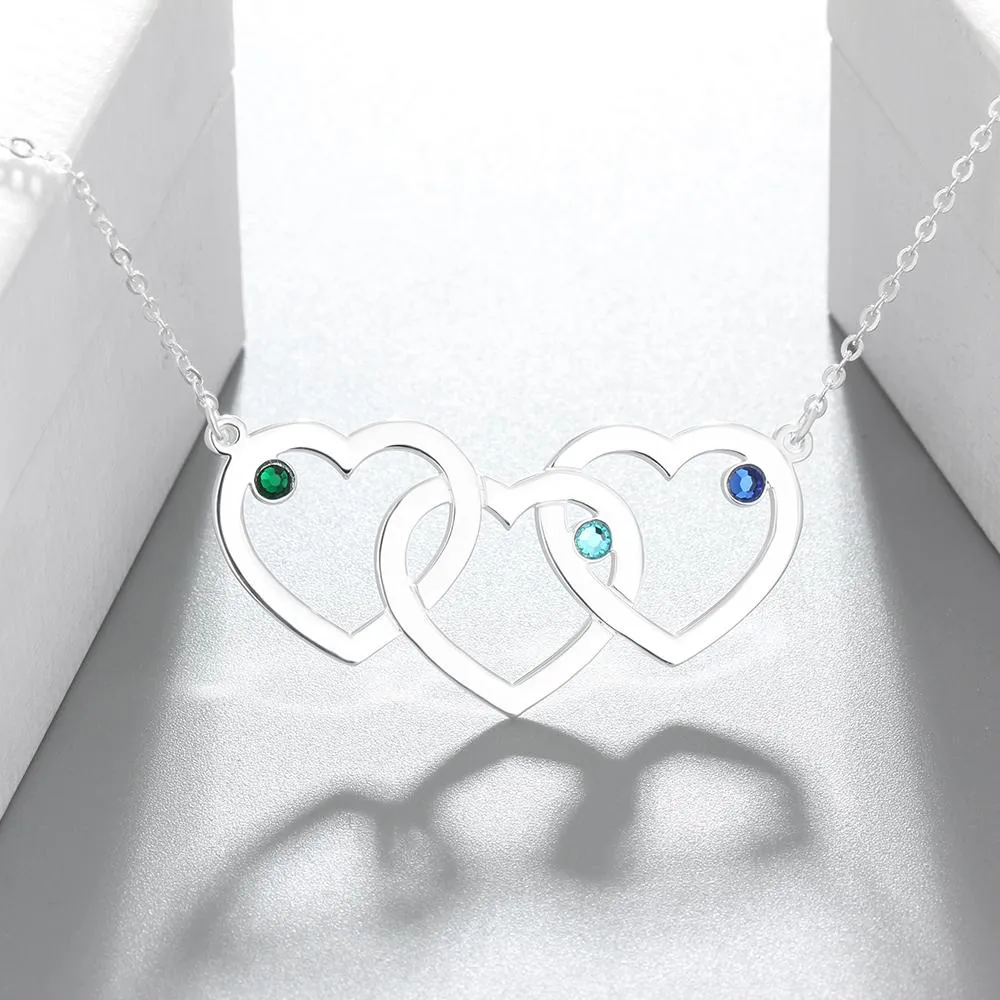 Personalized 925 Sterling Silver Pendant Necklace - Intertwined Hearts Shape Pendants - Engrave Three Custom Names & Custom Birthstones