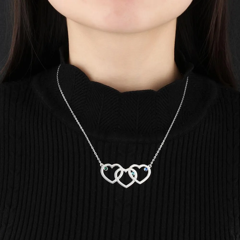 Personalized 925 Sterling Silver Pendant Necklace - Intertwined Hearts Shape Pendants - Engrave Three Custom Names & Custom Birthstones