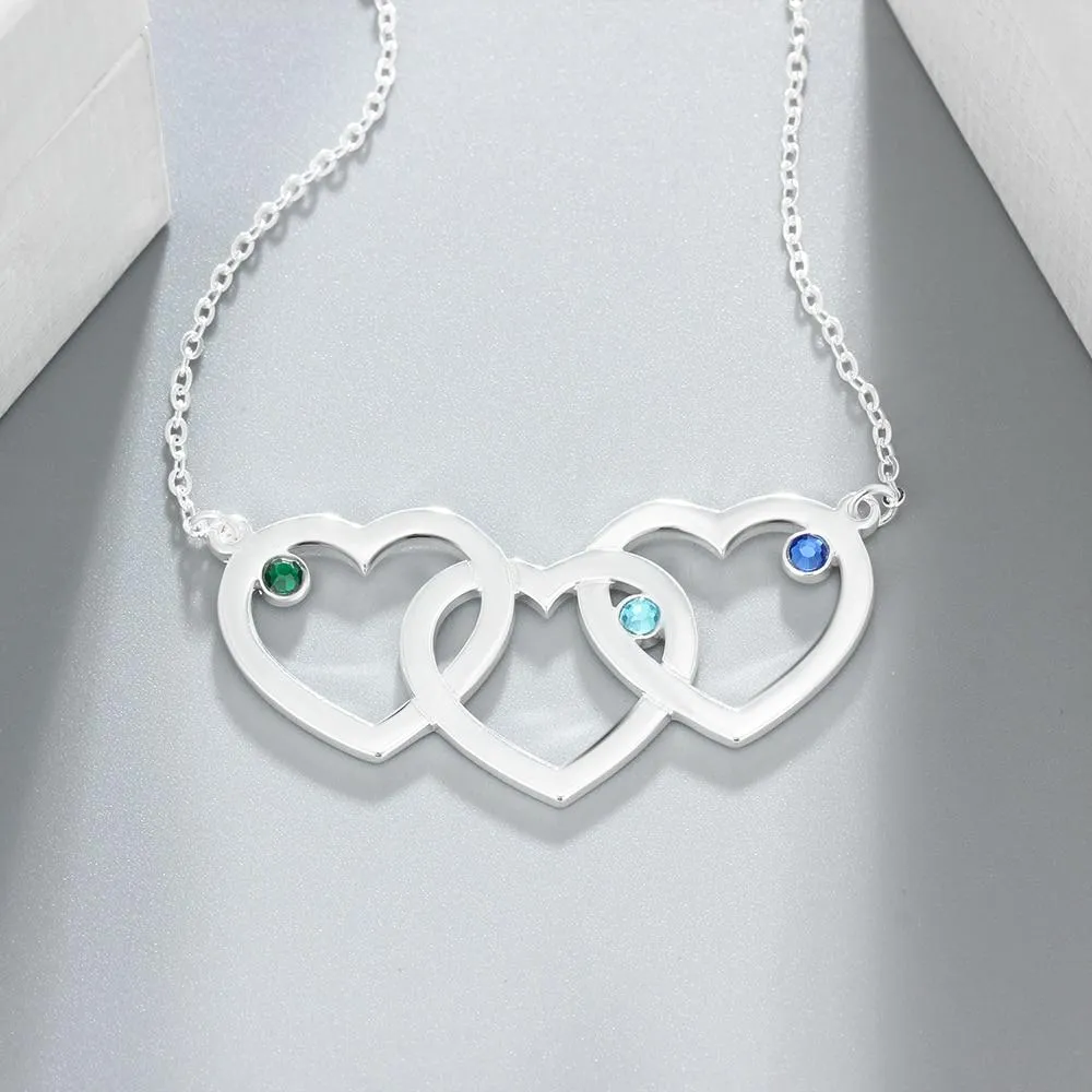 Personalized 925 Sterling Silver Pendant Necklace - Intertwined Hearts Shape Pendants - Engrave Three Custom Names & Custom Birthstones