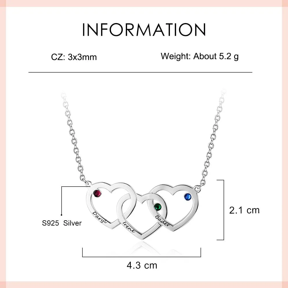 Personalized 925 Sterling Silver Pendant Necklace - Intertwined Hearts Shape Pendants - Engrave Three Custom Names & Custom Birthstones