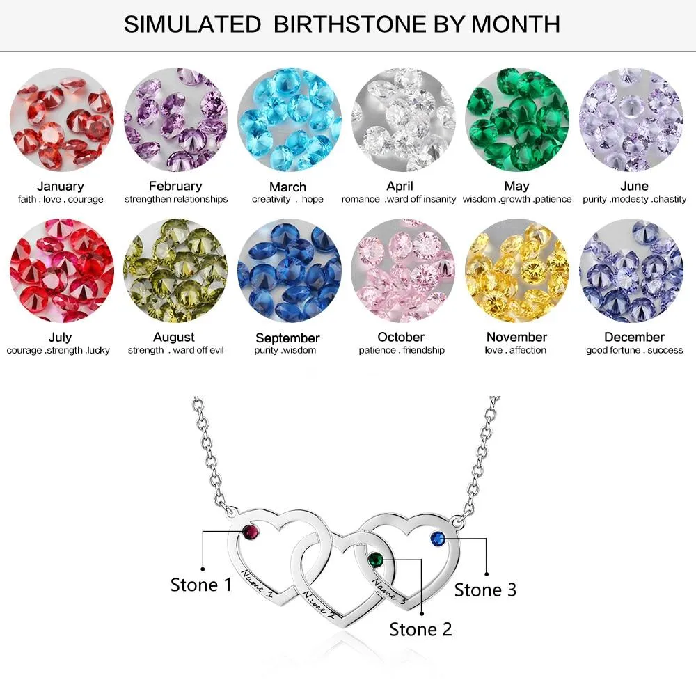 Personalized 925 Sterling Silver Pendant Necklace - Intertwined Hearts Shape Pendants - Engrave Three Custom Names & Custom Birthstones